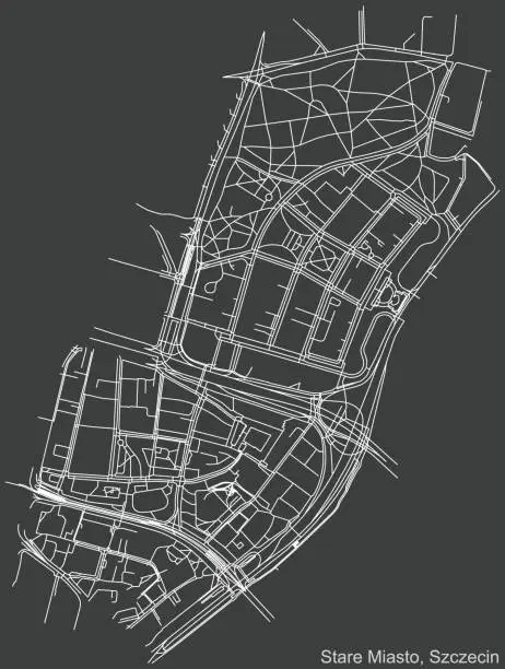 Vector illustration of Dark negative street roads map of the Stare Miasto neighborhood of Szczecin, Poland