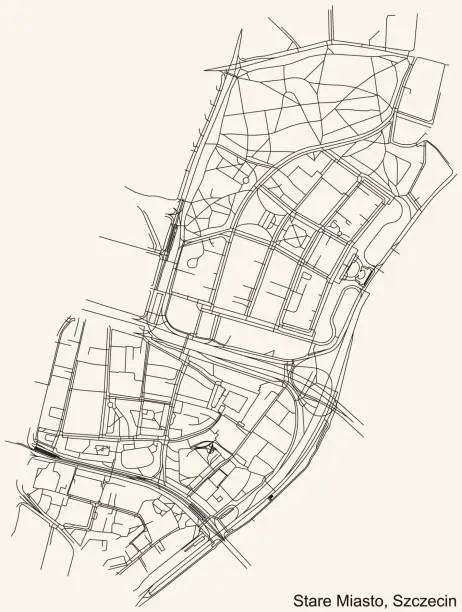 Vector illustration of Street roads map of the Stare Miasto neighborhood of Szczecin, Poland