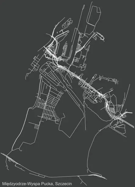 Vector illustration of Dark negative street roads map of the Międzyodrze-Wyspa Pucka neighborhood of Szczecin, Poland