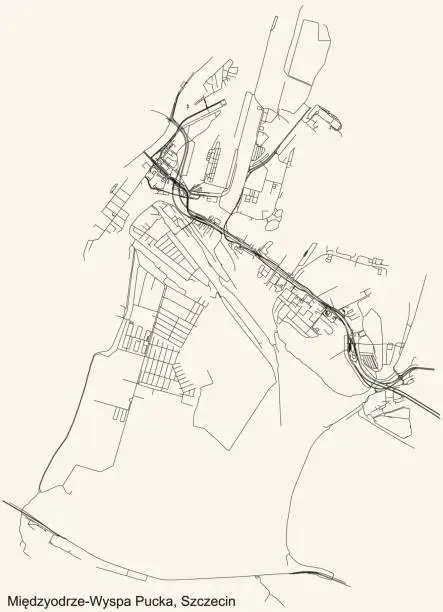 Vector illustration of Street roads map of the Międzyodrze-Wyspa Pucka neighborhood of Szczecin, Poland