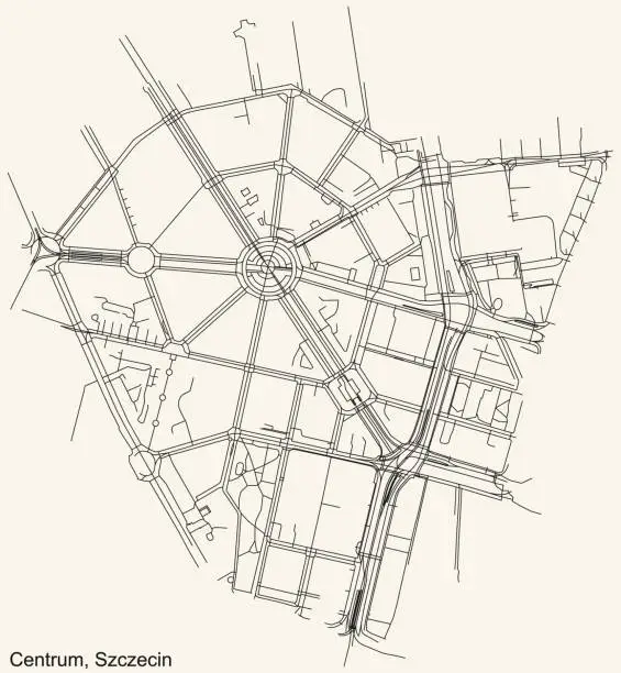 Vector illustration of Street roads map of the Centrum (Center) neighborhood of Szczecin, Poland