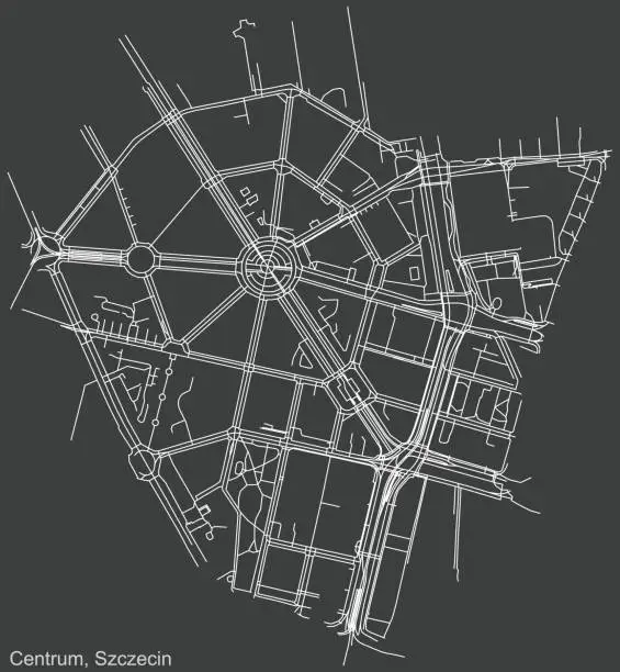 Vector illustration of Dark negative street roads map of the Centrum (Center) neighborhood of Szczecin, Poland