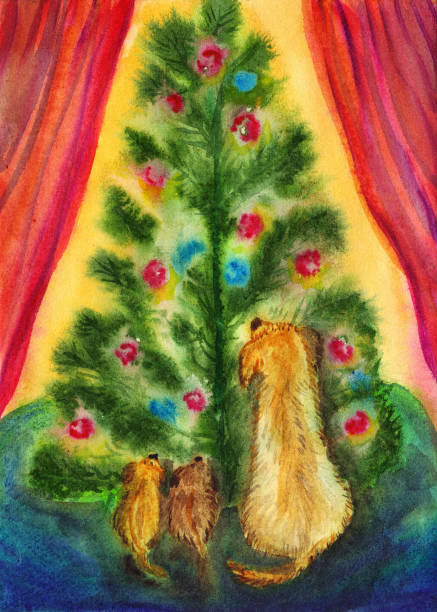akwarelowa kartka z życzeniami świątecznymi. święta noc. pies labrador, golden retriever i dwa szczenięta siedzą w pobliżu choinki, ozdobionej girlandami i piłkami. - christmas tree family winter art stock illustrations