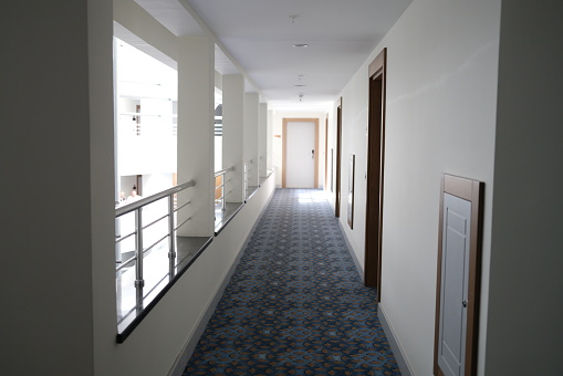 Varnamo, Sweden The interior corridor of a motel.