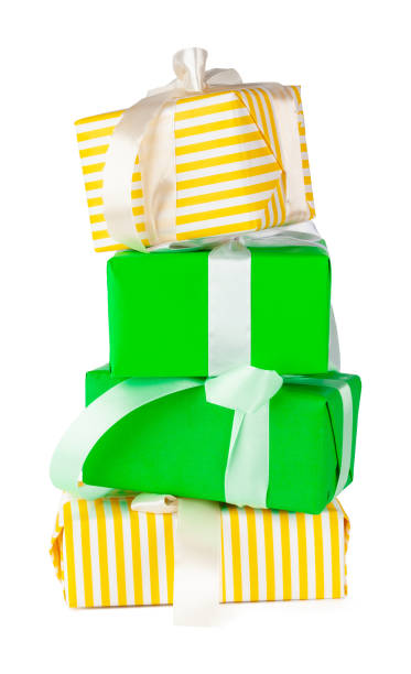 istock Colorful stacked gift boxes isolated on white background 1341850230