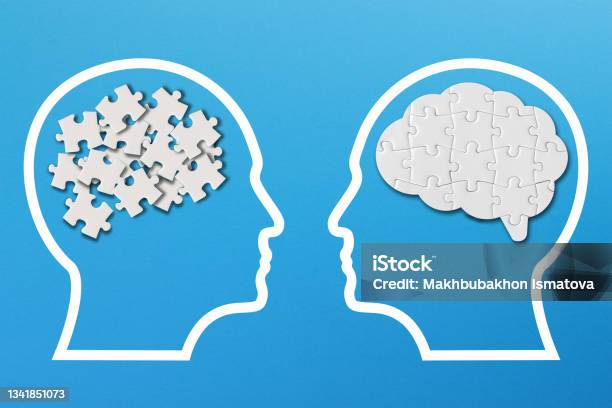 Different Thinking Rational And Irrational Thinking Concept Mental Health And Problems With Memory Human Brain Shaped Made Of White Jigsaw Puzzles Inside Your Head Stock Photo - Download Image Now