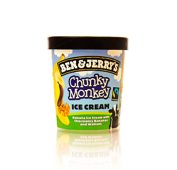 Tub of Ben & Jerry's Chunky Monkey Ice Cream Istanbul, Turkey - July 25, 2011: Tub of Ben & Jerry\'s Chunky Monkey Ice Cream. Ben & Jerry\'s is an American ice cream company. ben and jerrys stock pictures, royalty-free photos & images