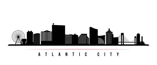 Vector illustration of Atlantic city skyline horizontal banner. Black and white silhouette of Atlantic city, New Jersey. Vector template for your design.