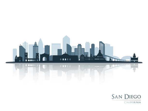 San Diego skyline silhouette with reflection. Landscape San Diego, California. Vector illustration. San Diego skyline silhouette with reflection. Landscape San Diego, California. Vector illustration. san diego stock illustrations