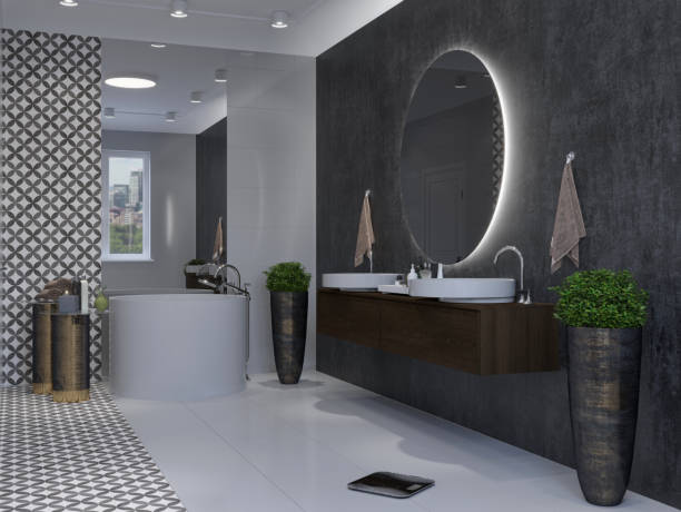 moderno interior del baño. maqueta de renderizado 3d. - round mirror fotografías e imágenes de stock