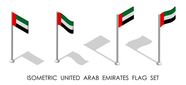 isometric flag of UNITED ARAB EMIRATES in static position and in motion on flagpole. 3d vector isometric flag of UNITED ARAB EMIRATES in static position and in motion on flagpole. 3d vector united arab emirates flag map stock illustrations