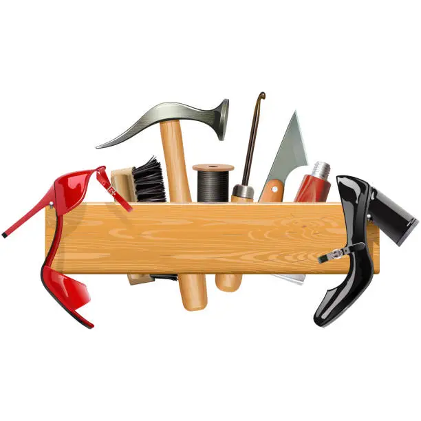 Vector illustration of Vector Wooden Board with Cobbler Tools