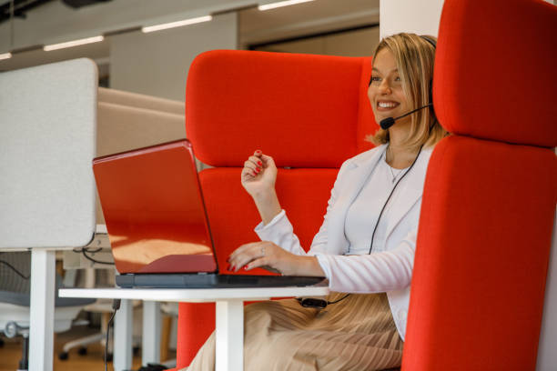 istock Freelancer in coworking office on video call 1341858864