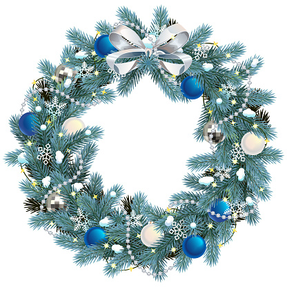 Vector Christmas Blue Fir Wreath with Bow isolated on white background