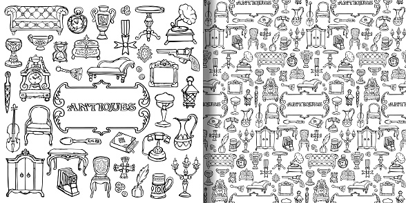 Antiques doodle set and seamless pattern