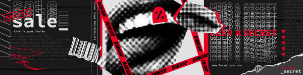 скидок векторный коллаж гранж баннер. полутоновые губы на черном знамени. стильный современный дизайн рекламного фона - rock stock illustrations