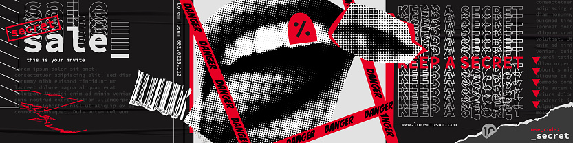 The discounts vector collage grunge banner. The halftone lips on black banner. The stylish modern advertising background design.