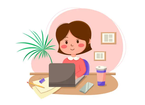 Vector illustration of Cute young girl sitting at a table in front of a laptop.