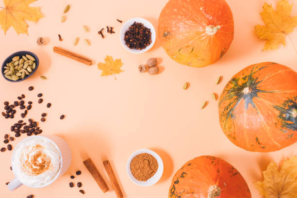 istock Flat lay composition of autumn pumpkin spice latte 1341864647