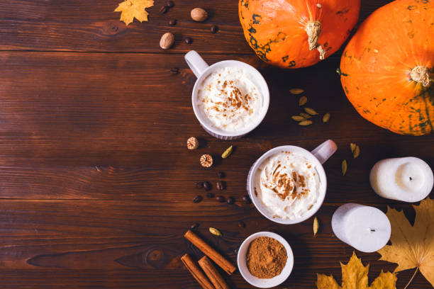 istock Cozy festive autumn drinks pumpkin spice lattes 1341864662