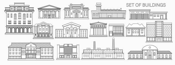 ilustrações, clipart, desenhos animados e ícones de conjunto de edifícios da cidade em um fundo cinza claro. construindo ícones. estilo de contorno. - edifício de teatro