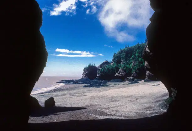 Hopewell Rocks - Beach Framed by Rock - 1985. Scanned from Kodachrome 64 slide.