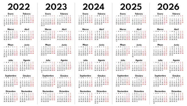 Vector illustration of 2022 2023 2024 2025 2026 spanish monthly calendar grid, vector template