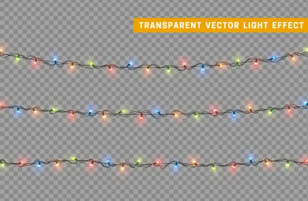 Vector illustration of Christmas lights garlands. Festive design elements. Celebrate realistic object. Holiday Xmas Decor. New Year light effects isolated. Vector illustration.