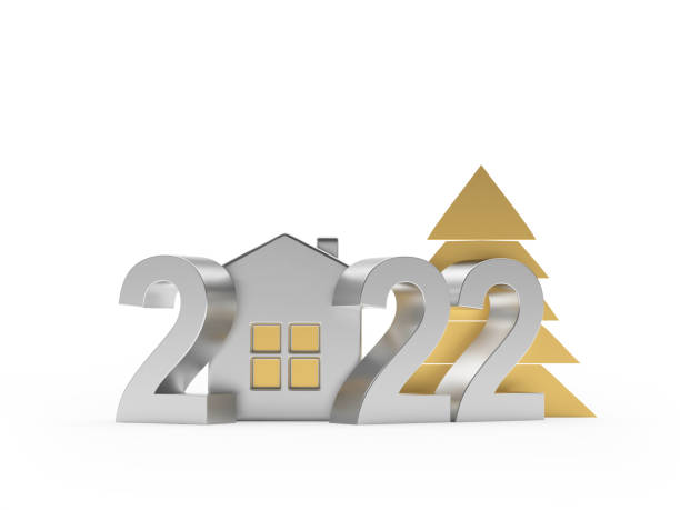 istock Silver number 2022 New Years with house and Christmas tree 1341869727