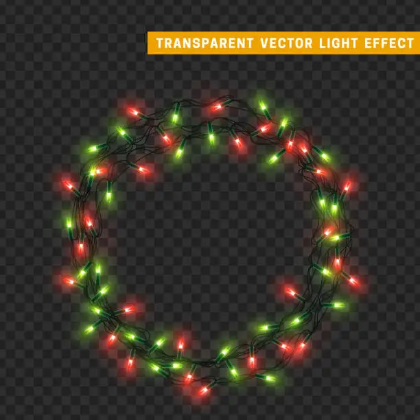 Vector illustration of Christmas lights garlands. Festive design elements. Celebrate realistic object. Holiday Xmas Decor. New Year light effects isolated. Vector illustration.