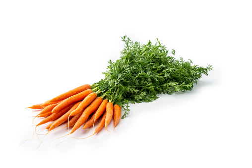 A bunch of organic carrots on a white background, selective focus