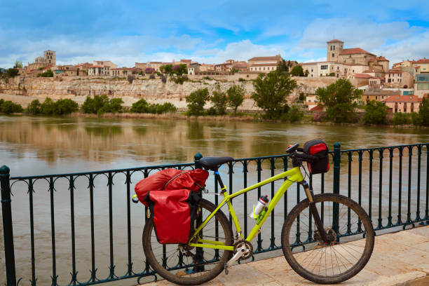 Zamora Duero river with pilgrim bike by the Via de la Plata in Spain