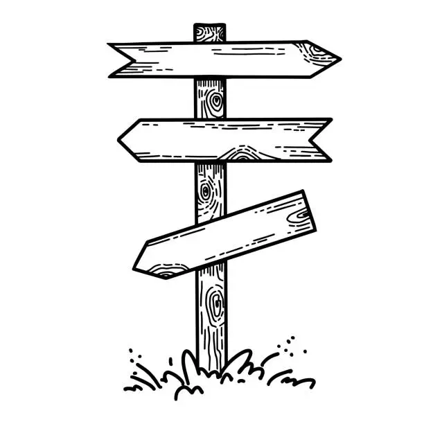 Vector illustration of Direction signpost wooden timber vector illustration. Arrow shoeing the right way, distance. sketch engraved style.