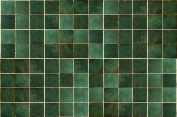 Photo of Green ceramic tile background. Old vintage ceramic tiles in green to decorate the kitchen or bathroom