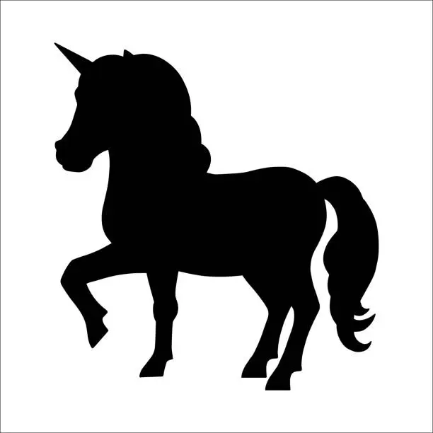 Vector illustration of Black silhouette unicorn. Design element. Vector illustration isolated on white background. Template for books, stickers, posters, cards, clothes.