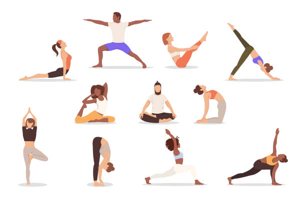 illustrazioni stock, clip art, cartoni animati e icone di tendenza di set di pose donna e uomo yoga. collezione di persone multiculturali che fanno yoga isolate su sfondo bianco. illustrazione vettoriale, eps 10 - yoga