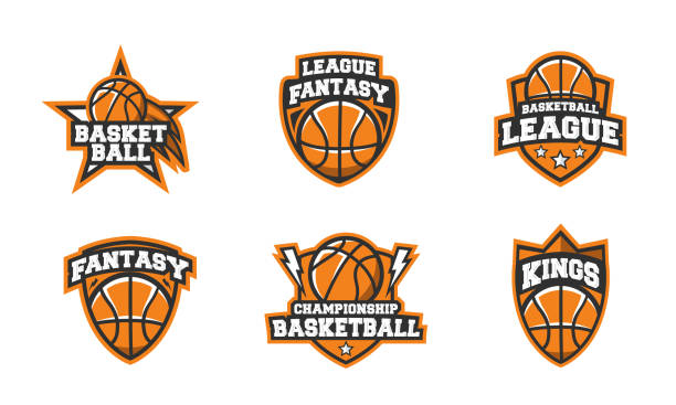 vector basketball set with 6 orange trendy logo designs. basketball set. perfect use for logo, emblem, poster. print for t-shirt, typography. vector sports emblems template. - basketball stock illustrations