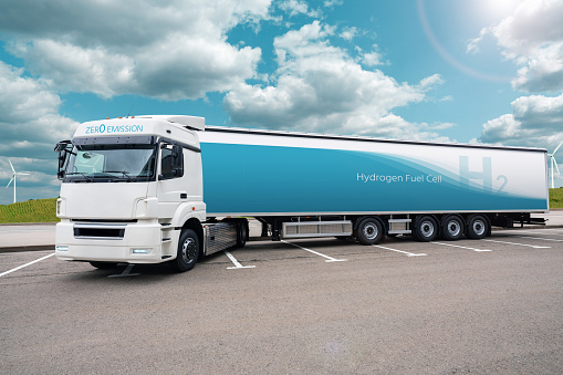 Hydrogen fuel cell semi truck. Eco-friendly commercial vehicle concept
