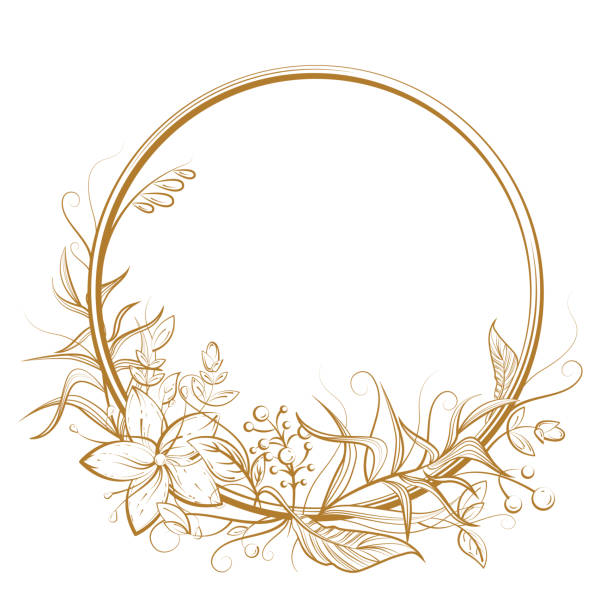 Golden circle frame with flower, leaf, berry and copy space. Luxury doodle vector illustration vector art illustration