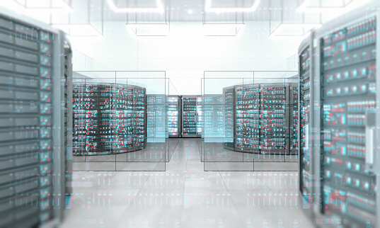 Abstract data center hosted in a large bright space with computer servers showing digital displays. Elegant and illuminated hall with white and glass walls. Big data abstract background with futuristic technology. Soft focus effect with diminishing perspective. Digitally generated image.