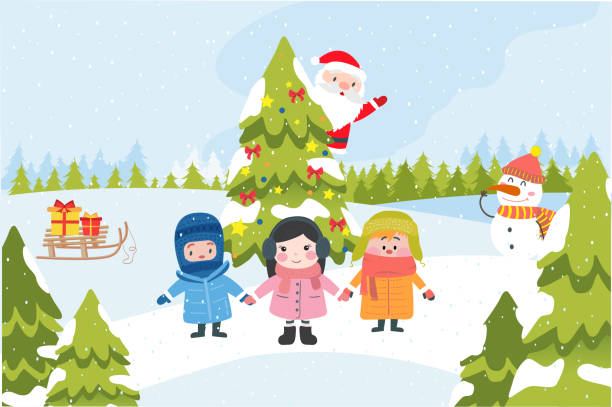 새해. 휴일에 어린이 - playground snow winter little girls stock illustrations