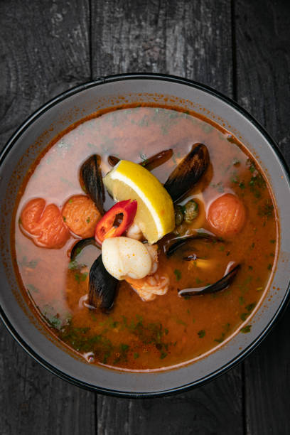 istock Seafood. soup with seafood and sauces 1341878861