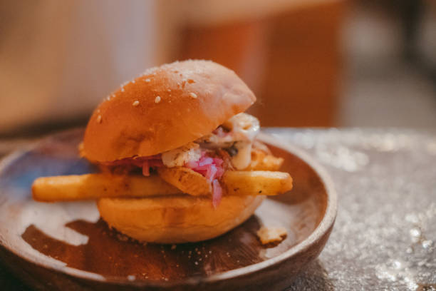 istock a handmade hamburger is on wooden dish 1341879908