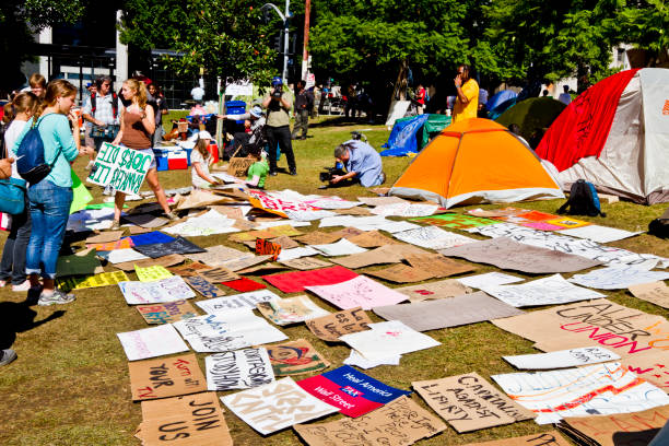 Los Angeles, USA - October 8, 2011: A sea of sign are available to demonstrators at the Occupy La protest in downtown Los Angeles on the lawn of City Hall on October 8, 2011.