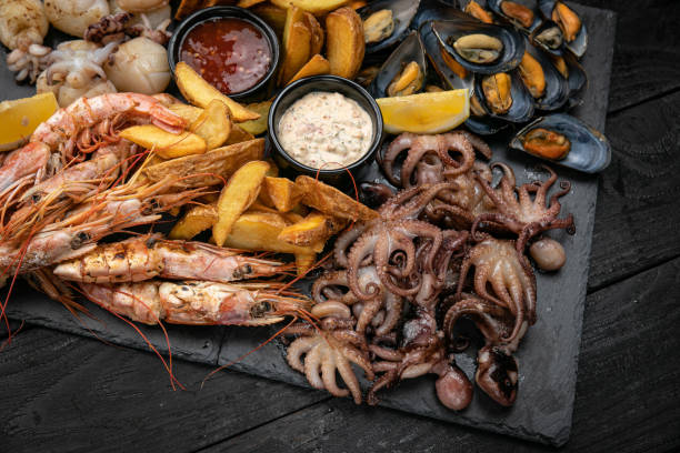 istock Seafood. Set of seafood and sauces, 1341880344