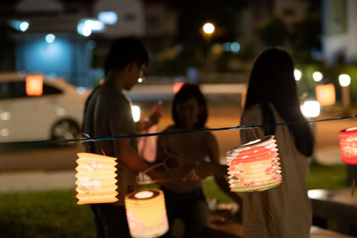 Colorful Illuminated Lanterns hanging outdoor. Moon cake festival, Mid-Autumn Festival, Chinese lantern Festival