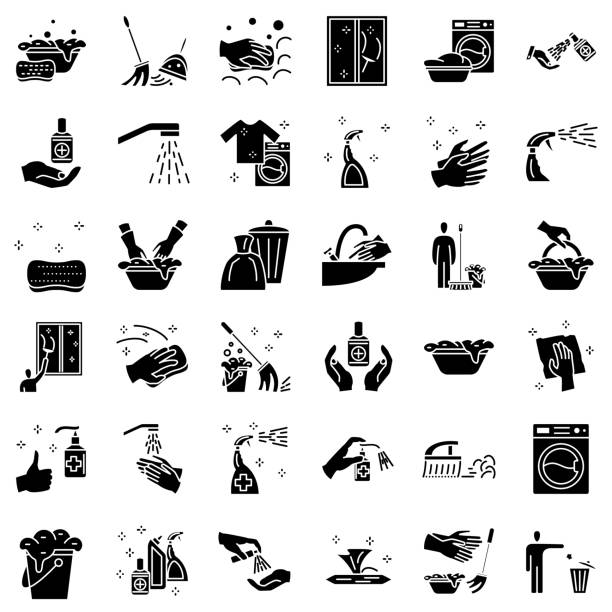bildbanksillustrationer, clip art samt tecknat material och ikoner med housework, hand washing, automatic washing, garbage removal, cleanliness and hygiene. tools for cleaning, disinfection. a set of vector icons, glyph, isolated, 48x48 pixel. - cleaning surface