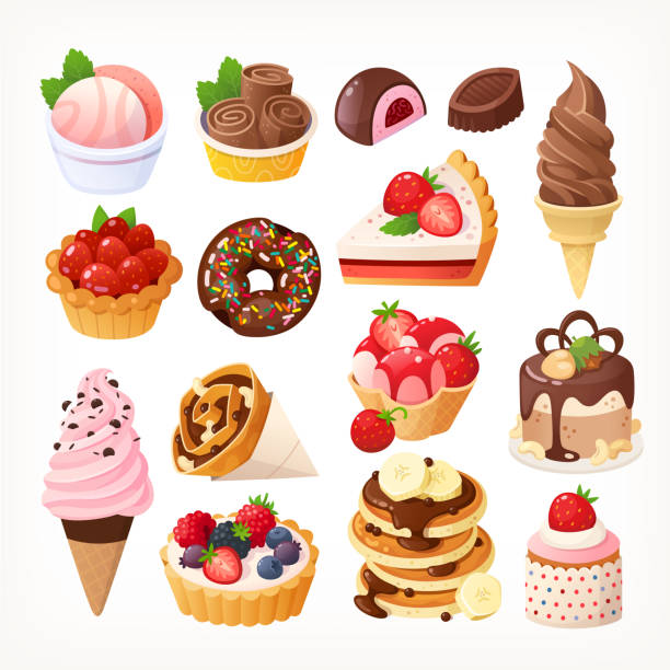 Ice cream bakery and pastry desserts with chocolate vanilla and strawberry flavours jams sundaes. Ice cream bakery and pastry desserts with chocolate vanilla and strawberry flavours jams sundaes. Vector isolated delicious illustrations of candies and sweet foods for menu designs. Cute lovely icons. Tart stock illustrations