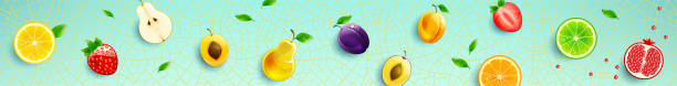 ilustraciones, imágenes clip art, dibujos animados e iconos de stock de banner horizontal con frutas jugosas - portion apple food pattern