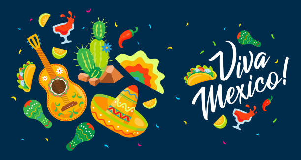 viva mexico - traditionelle mexikanische feiertagsphrase vektor banner - gitarre grafiken stock-grafiken, -clipart, -cartoons und -symbole